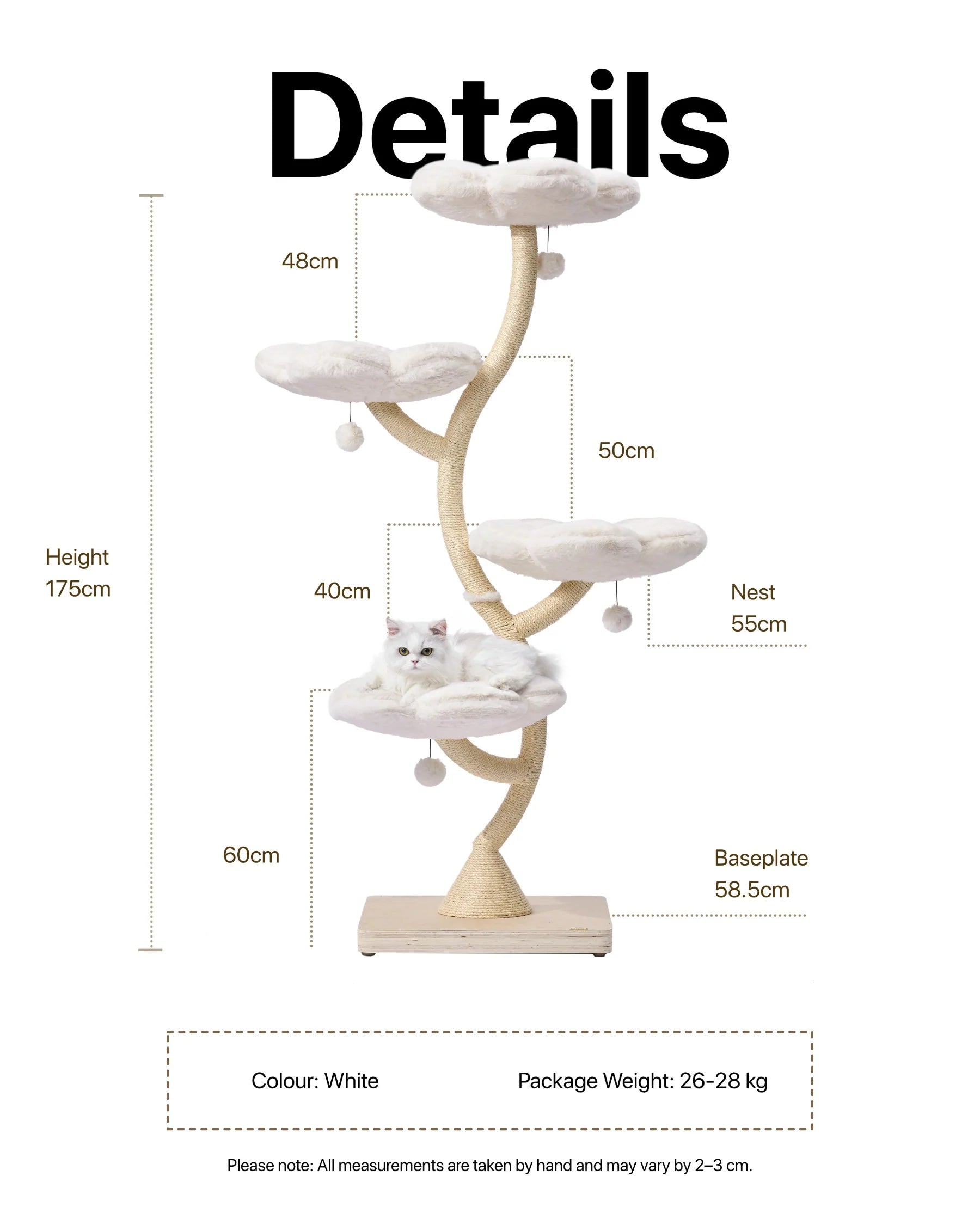 Michu Fairy Cat Tower Deluxe 4-tier flower cat tree with dimensions and a white cat.