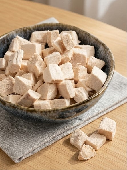 PawDry Freeze-Dried Chicken Bites Pets Treat 100g displayed in a bowl on a wooden table.