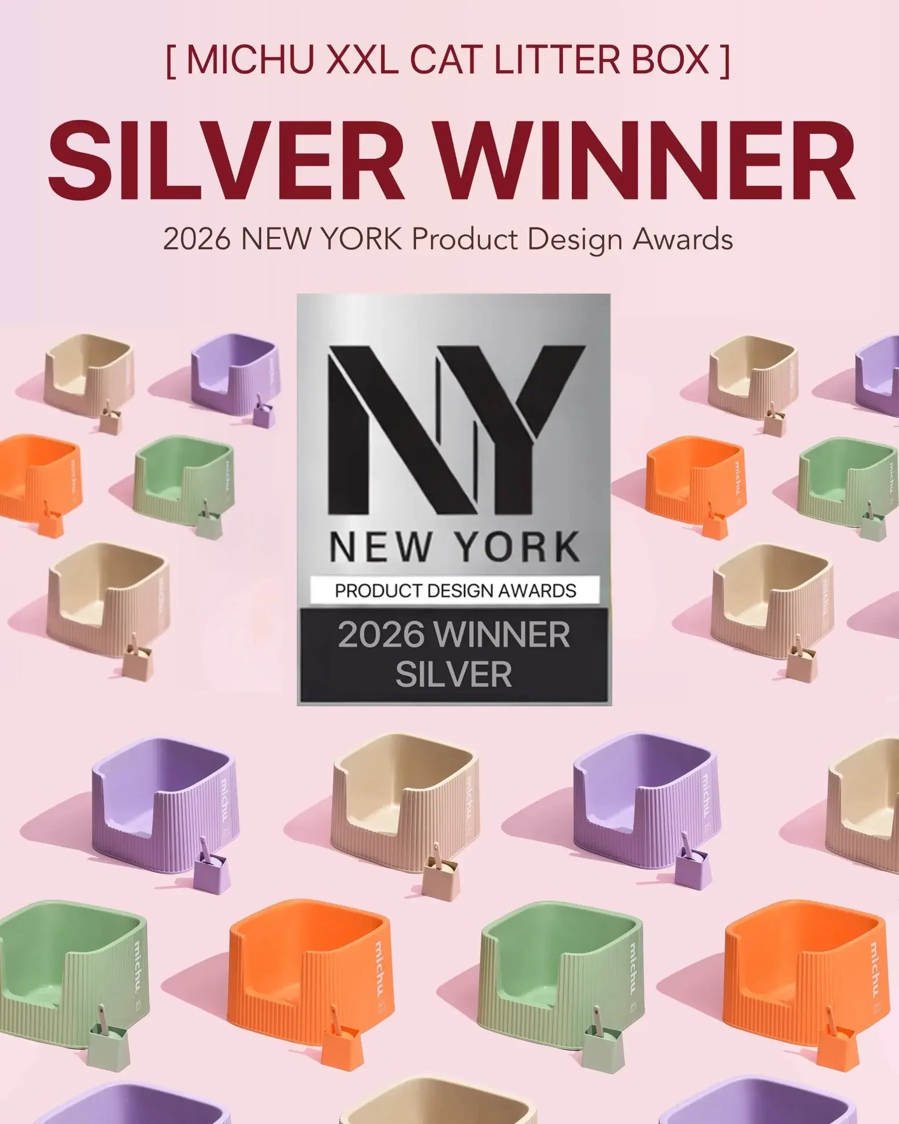Michu XXL Cat Litter Box Silver Winner of the 2026 New York Product Design Awards.