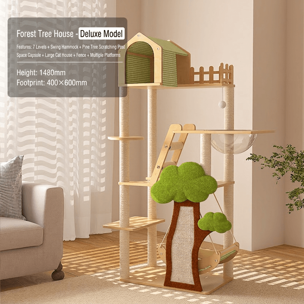 148cm Tall Forest Tree House Cat Tree for Large Cats Deluxe Edition-7 Level Tower with Space Capsule & House