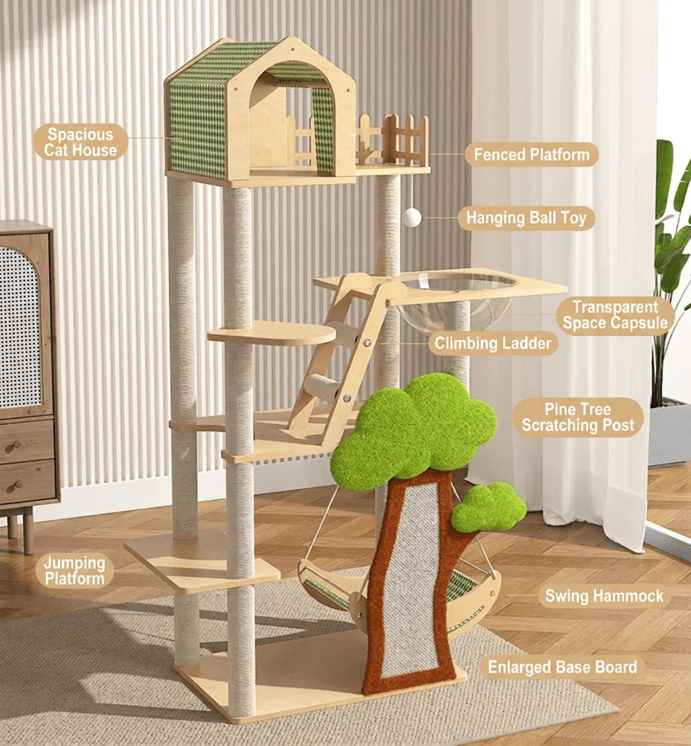 148cm Tall Forest Tree House Cat Tree for Large Cats Deluxe Edition-7 Level Tower with Space Capsule & House image showcasing features