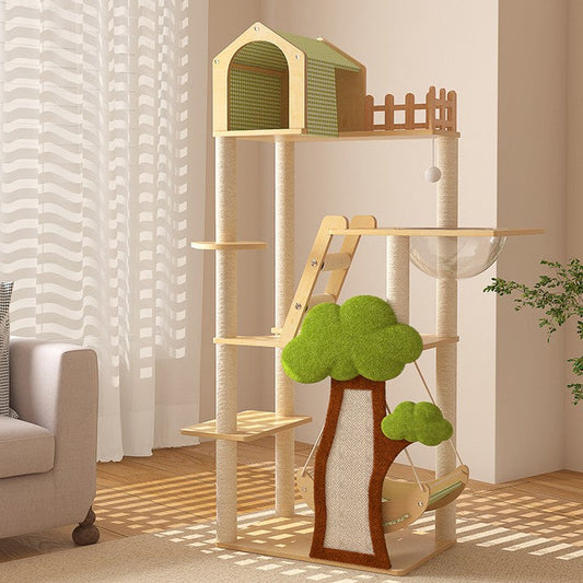 148cm Tall Forest Tree House Cat Tree for Large Cats Deluxe Edition-7 Level Tower with Space Capsule & House