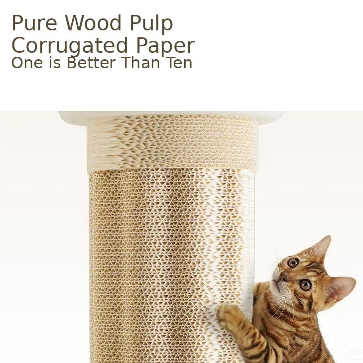 Cat climbing a corrugated paper scratching post with text 'Pure Wood Pulp Corrugated Paper One is Better Than Ten'.