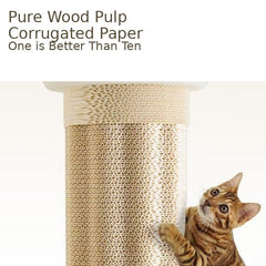 Cat climbing a corrugated paper scratching post with text 'Pure Wood Pulp Corrugated Paper One is Better Than Ten'.