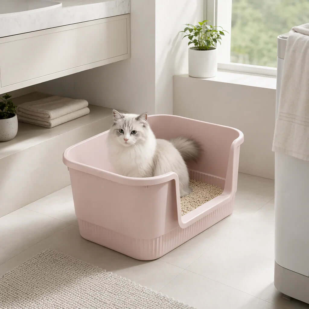 Fluffy white cat in pink litter box with high sides, placed in a bright bathroom setting.