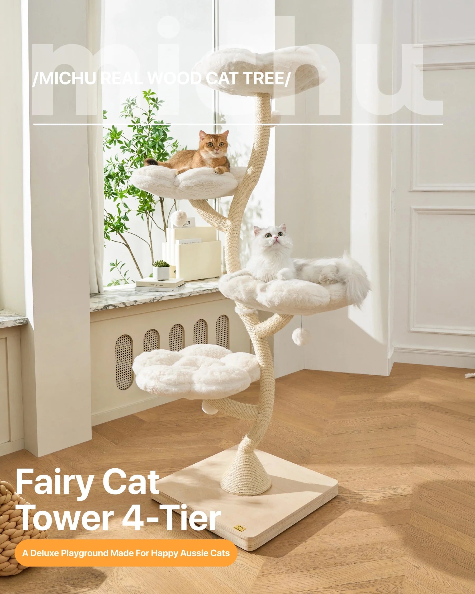 Michu Fairy Cat Tower Deluxe 4-tier designer flower cat tree with two cats.
