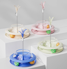 Interactive Cat Treat Dispenser Toy – 3-in-1 Cat Teaser Wand, Spinning Turntable & Food Puzzle Ball