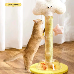 Ginger cat playing with cloud-shaped cat scratching post and star toy, ideal for indoor feline fun.