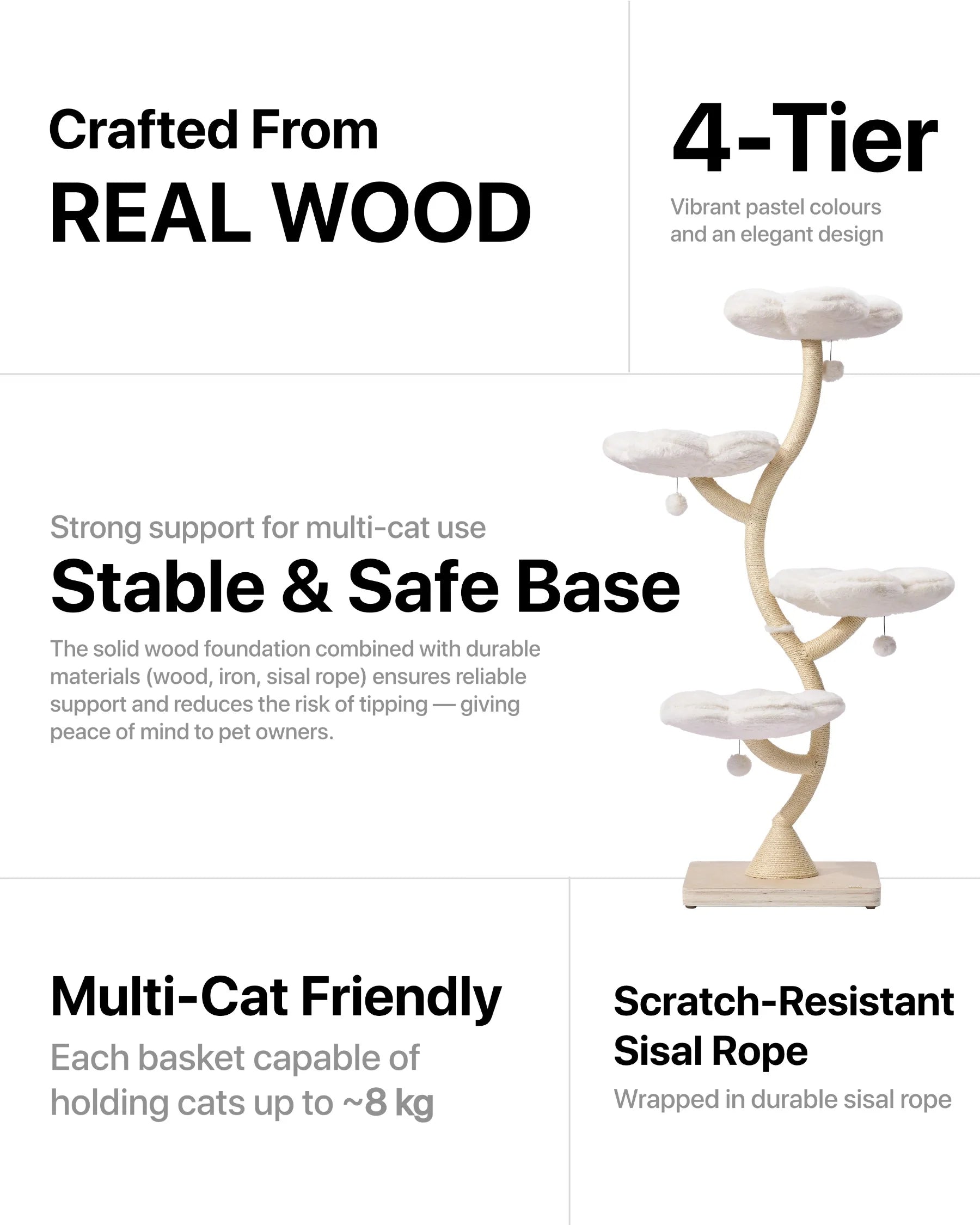 Michu 4-tier designer flower cat tree made from real wood with sisal rope and plush baskets.