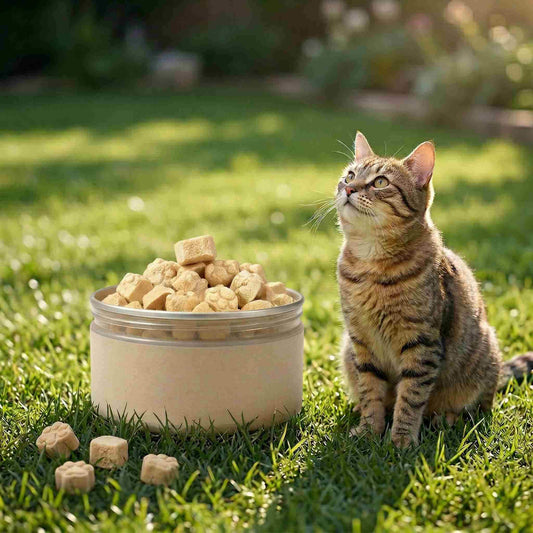 PawDry Freeze-Dried Goat Milk - Paw Shape Treats (100g) with a cat and treats in a natural outdoor setting.