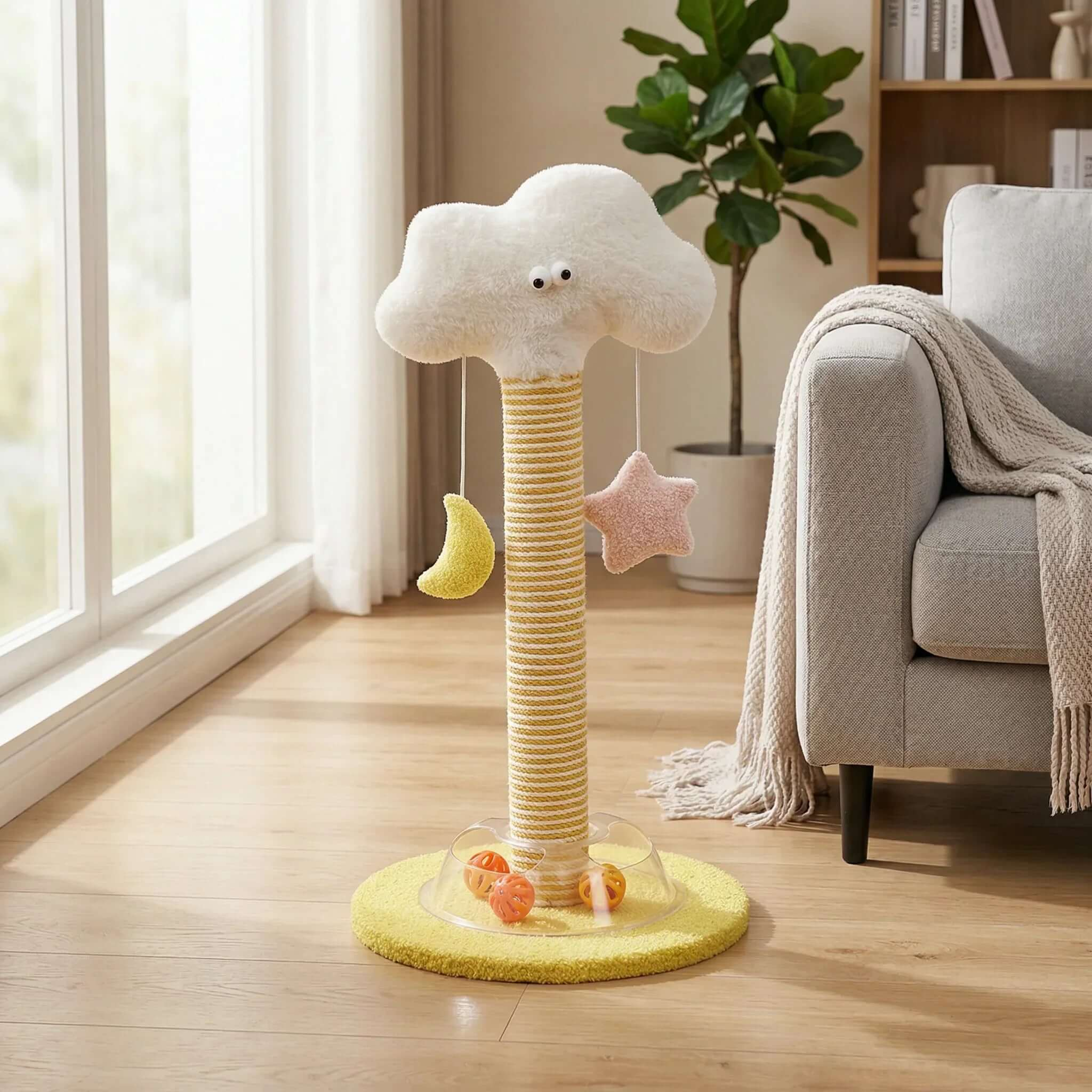 Cloud-shaped cat scratching post with hanging moon and star toys, perfect for indoor cats and stylish pet supplies.
