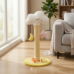 Cloud-shaped cat scratching post with hanging moon and star toys, perfect for indoor cats and stylish pet supplies.