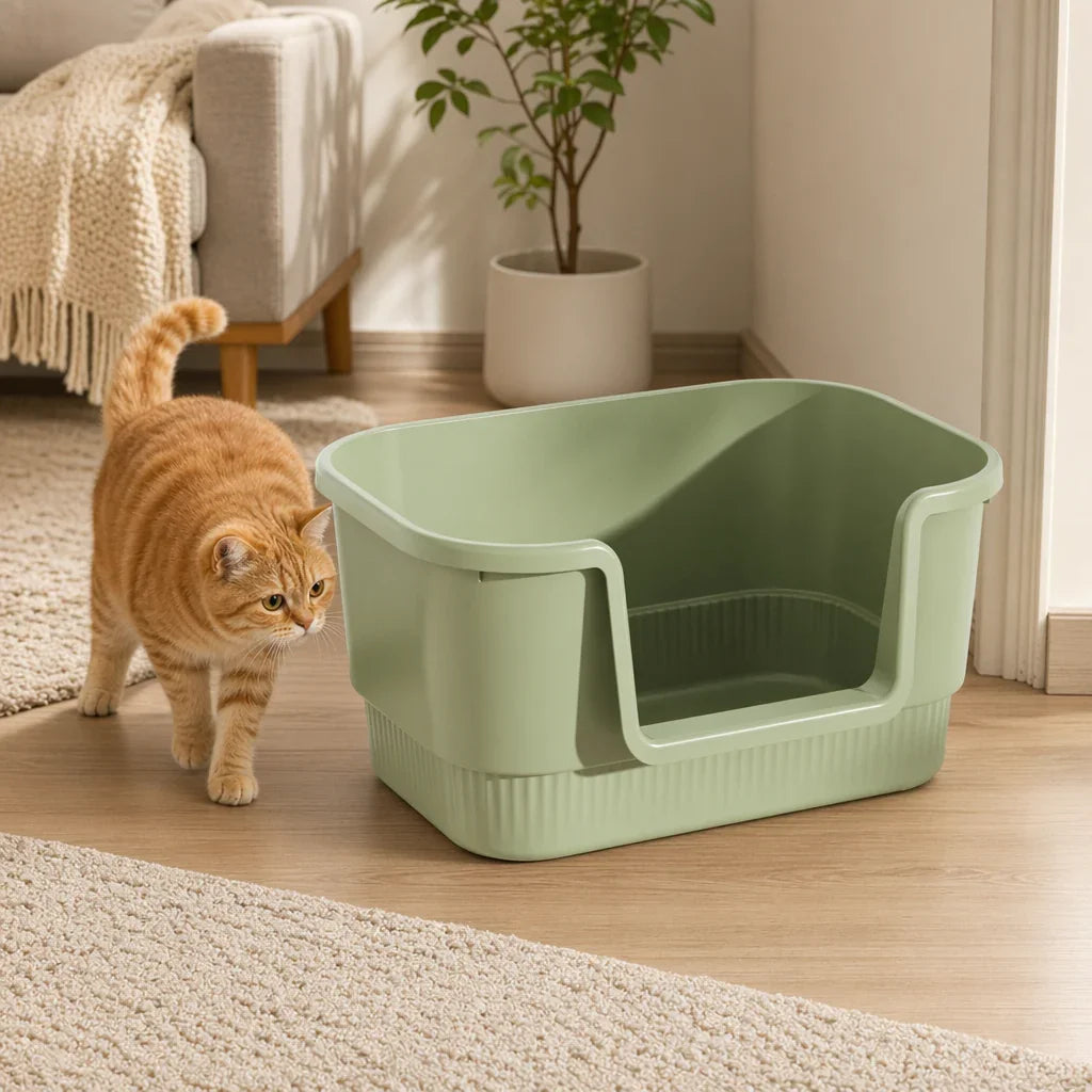 Orange cat near modern green litter box in cozy home setting