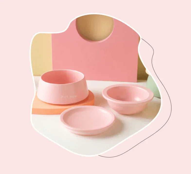Pink pet bowls and feeding mat for cats and dogs, stylish and practical pet supplies