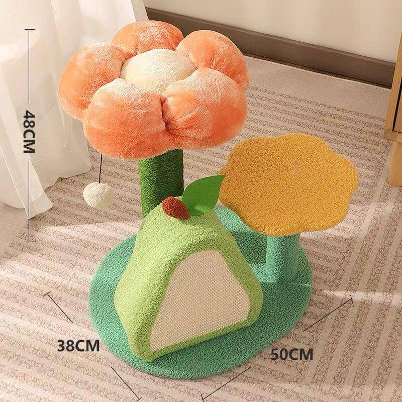 Floral cat tree with orange flower perch, green base, and yellow platform, 48cm tall, for cats to climb and scratch.