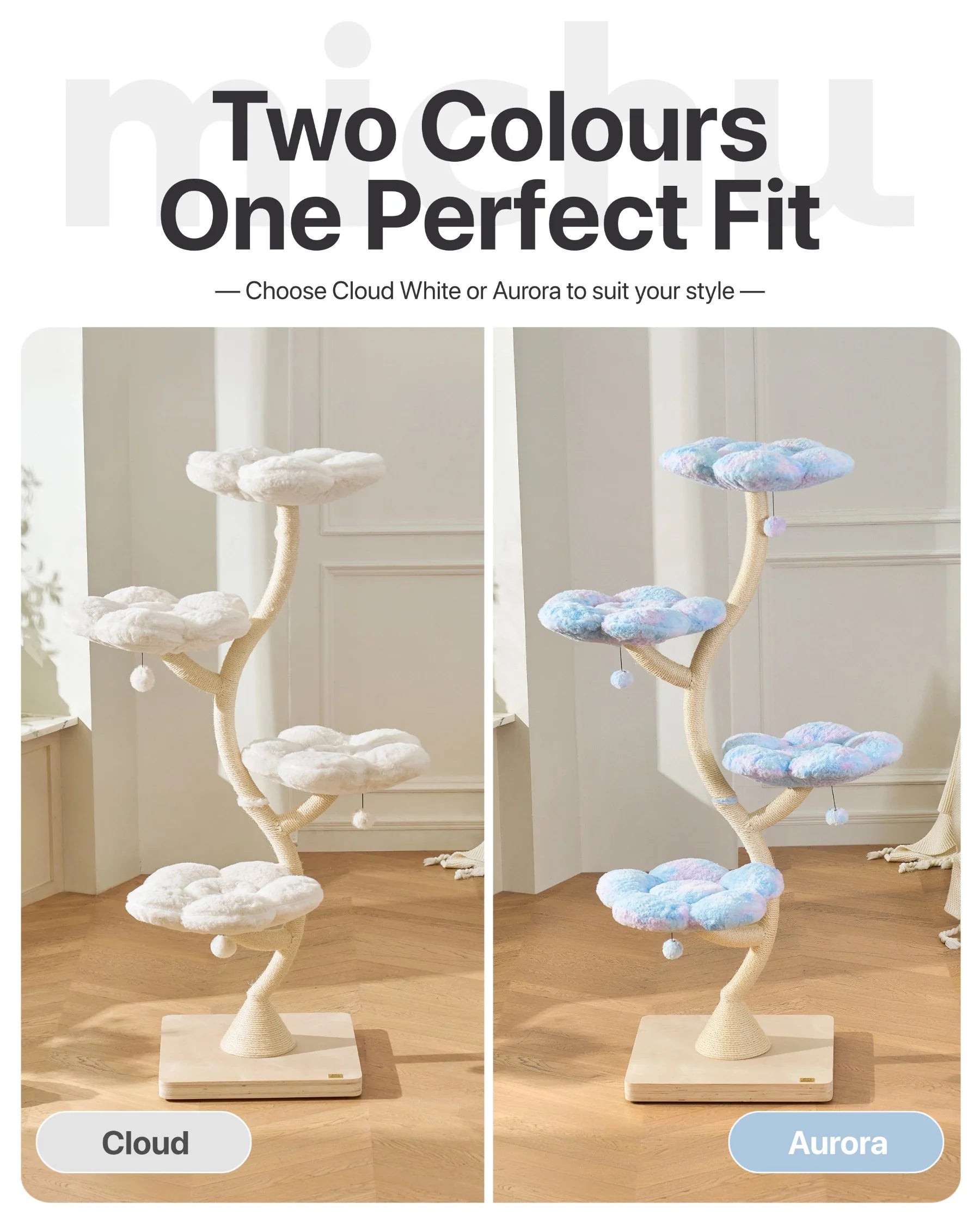 Michu Fairy Cat Tower Deluxe 4-Tier designer flower cat tree in Cloud White and Aurora colors.