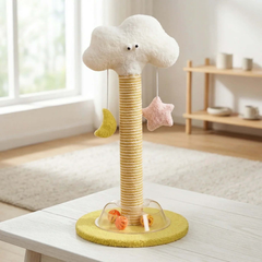 Cloud-shaped cat scratching post with hanging star and moon toys, ideal for indoor cats