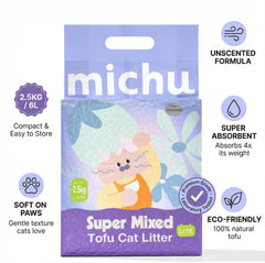 Michu Super Mixed Tofu Cat Litter, unscented, super absorbent, eco-friendly, soft on paws, 2.5kg