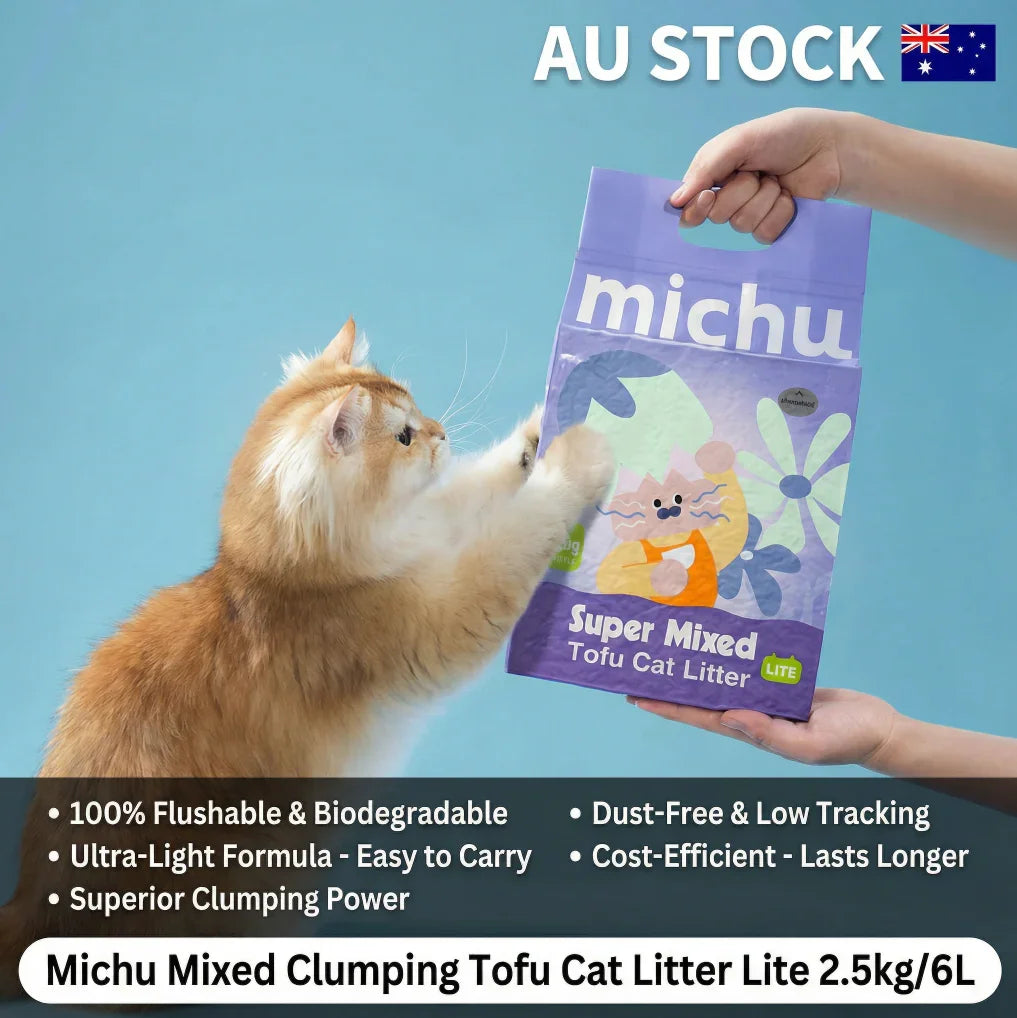Fluffy ginger cat reaching for Michu Super Mixed Tofu Cat Litter Lite bag, AU stock, dust-free & biodegradable