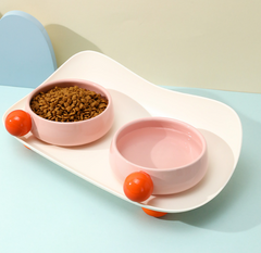 Ceramic Double Bowl with Spill-Proof Tray For Cats & Small Dogs