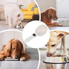 Digital pet food scoop with dogs eating from bowls in cozy home settings