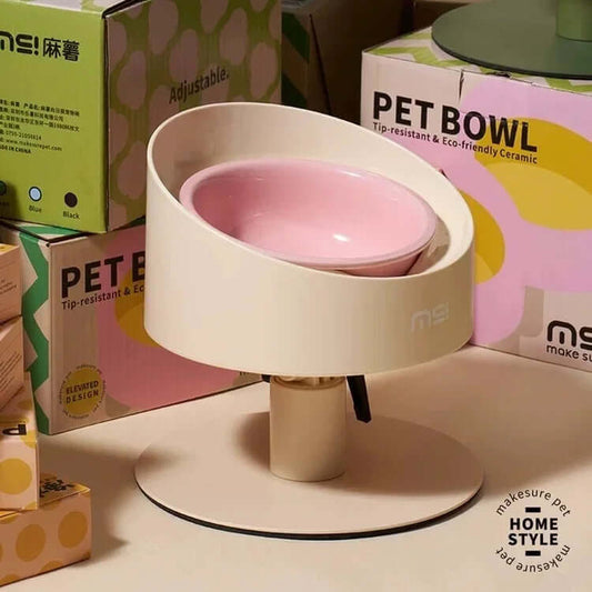 Elevated ceramic pet bowl with pink interior, tip-resistant design for cats and dogs, eco-friendly and stylish.