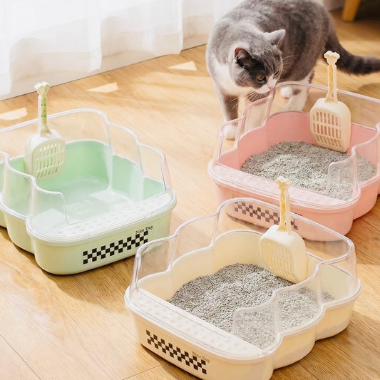 Transparent Semi-Enclosed Large Cat Litter Tray with Scoop