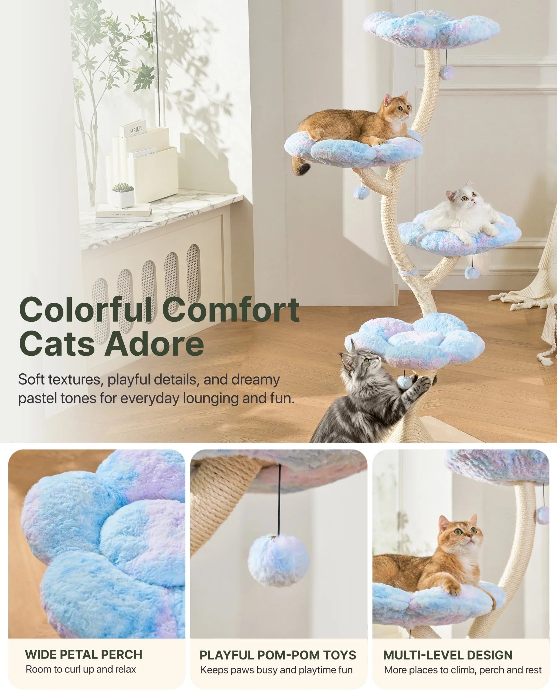 Michu Fairy Cat Tower 4-tier designer flower cat tree with pastel petal perches and pom-pom toys.