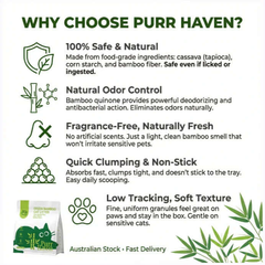Purr Haven natural cat litter features: safe, odor-control, fragrance-free, clumps fast, low tracking, soft texture. Australian stock.