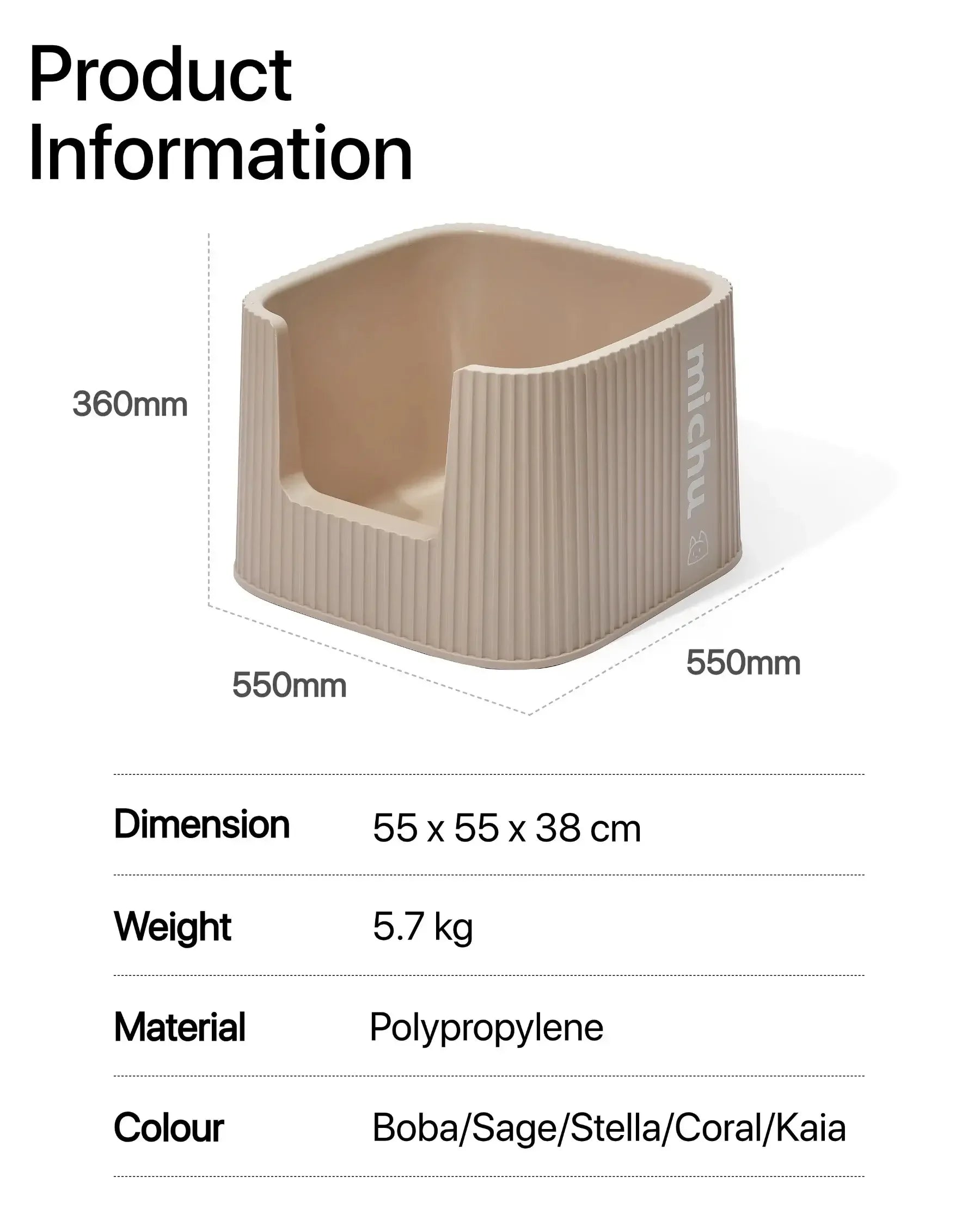 Michu Deluxe Extra Large Cat Litter Box in Boba color with dimensions and product specifications.