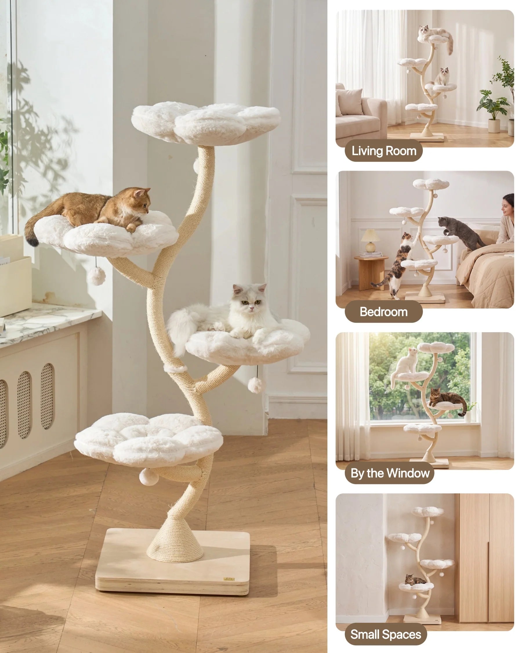 MICHU Fairy Cat Tower Deluxe 4-Tier designer flower cat tree in various room settings.