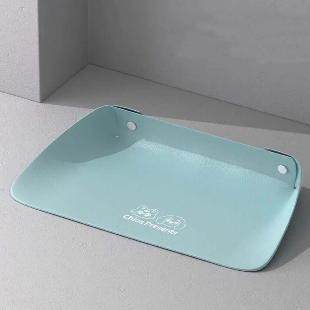 Light blue pet food mat with 'Chico's Presents' branding on a gray background