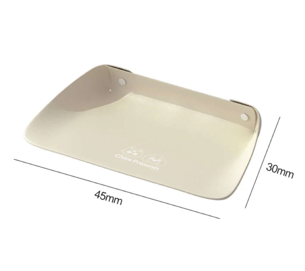 Beige pet food mat with dimensions on a white background