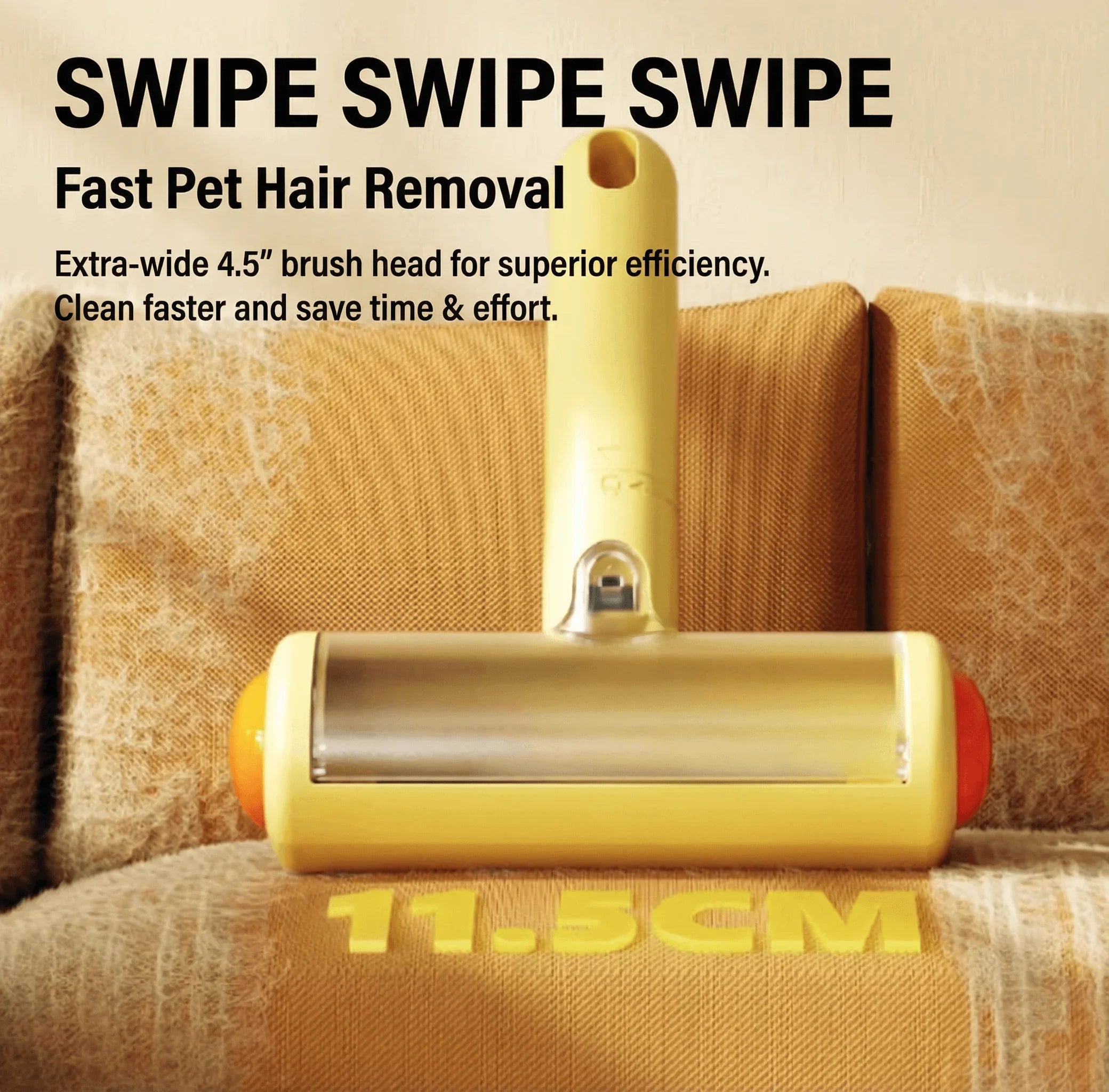 AIWO Static Pet Hair Remover Brush on a couch for fast pet hair removal with extra-wide brush head.