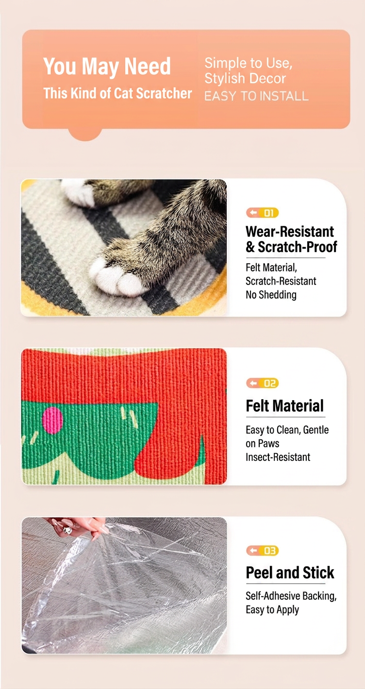 Aesthetic Wall-Mount Cat Scratch Pad Wall Protector features wear-resistant felt material and easy peel-and-stick installation.