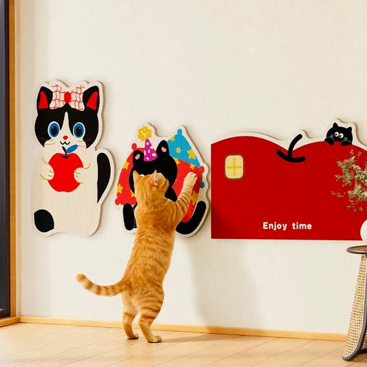 Aesthetic Wall-Mount Cat Scratch Pad Wall Protector with playful cat engaging and colorful wall art.