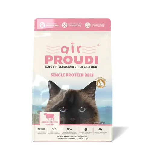AirProudi Premium Cat Food Air-dried Beef 1kg package featuring single protein beef for cats.