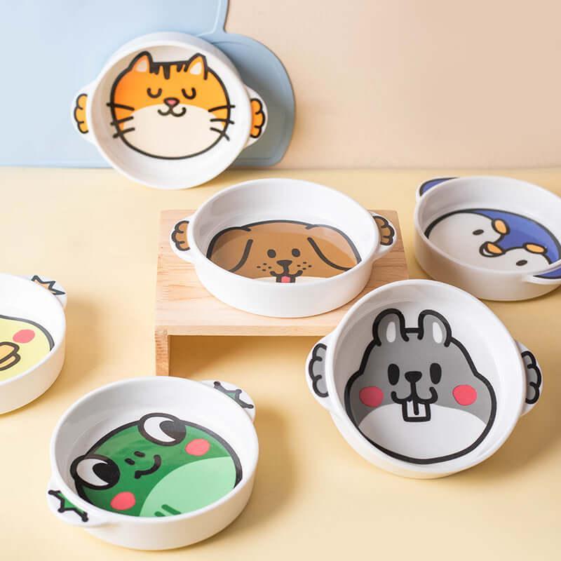 Cute cartoon animal pet bowls for cats and dogs, featuring playful designs like bunny, frog, and puppy.