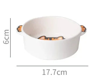 White ceramic pet bowl with orange cat ears, 17.7cm wide, 6cm high, for cats or small dogs