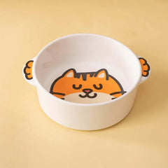 Cute cat-themed ceramic pet bowl with playful orange tabby design, perfect for cats and dogs.
