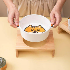 Cute cat-themed pet bowl on wooden stand, perfect for cats and dogs