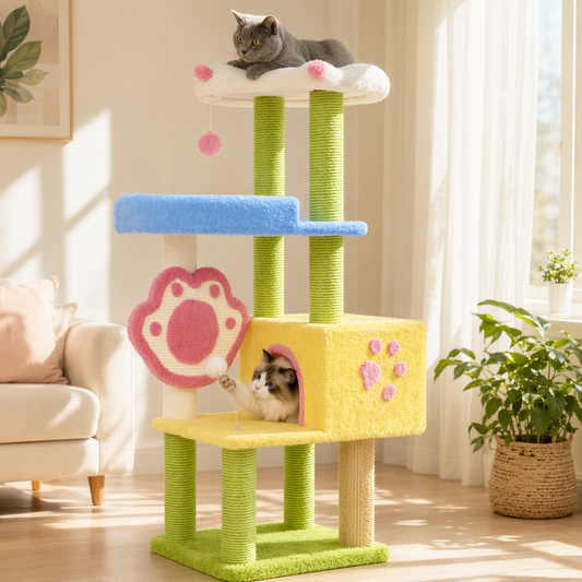 Cat Tree Tower with 360° Rotating Scratch Pad and Sisal Posts 125cm featuring colorful levels and playful cats.