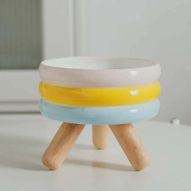 Ceramic Pet Bowls with Wood Stand Elevated Cat & Dog Feeder-Petroom