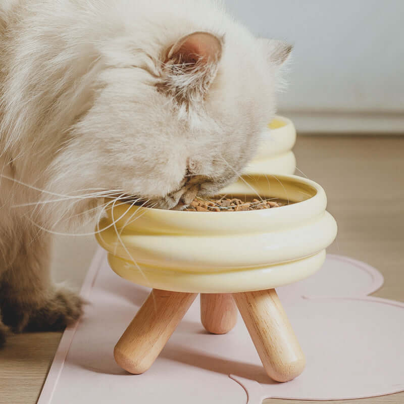 Ceramic Pet Bowls with Wood Stand Elevated Cat & Dog Feeder-Petroom
