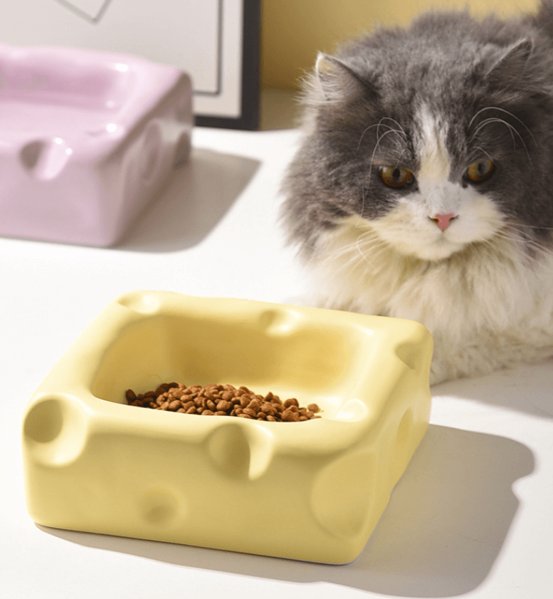 Cute Cheese-Shaped Ceramic Cat Bowl Yellow-Petroom
