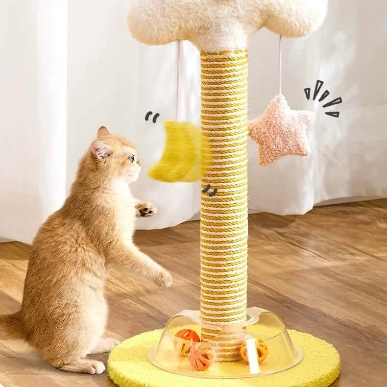 Cat playing with yellow sisal scratching post and hanging toys, ideal for indoor cats.