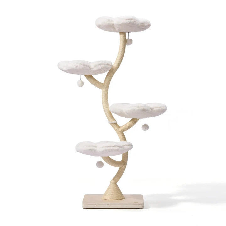 Michu 4-tier designer flower cat tree with white plush cloud platforms and sisal scratching posts