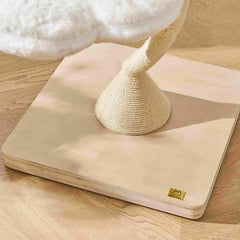 Close-up of the sisal-wrapped base and wooden platform of a Michu Fairy Cat Tower.