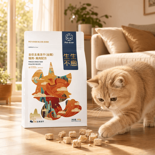 Ginger cat playing with freeze-dried raw poultry cat treats near Pet-Ever bag in sunny living room