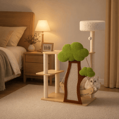 Forest Tree House Cat Tree for Large Cats 5-Level Cat Climbing Tower in a cozy bedroom setting.